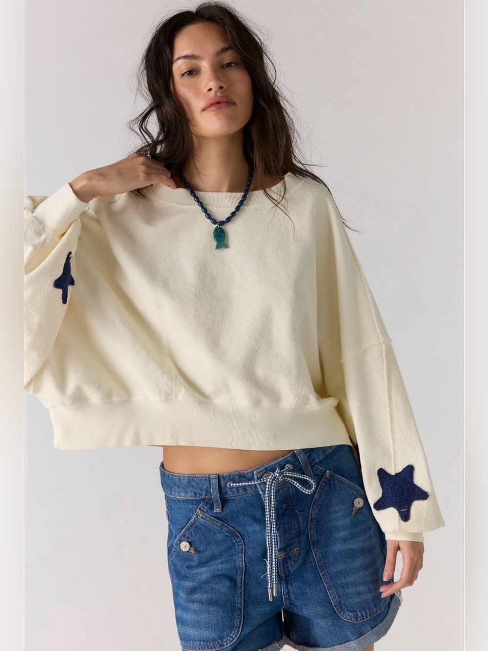Free People x Tricia Fix Crochet Star Sweatshirt